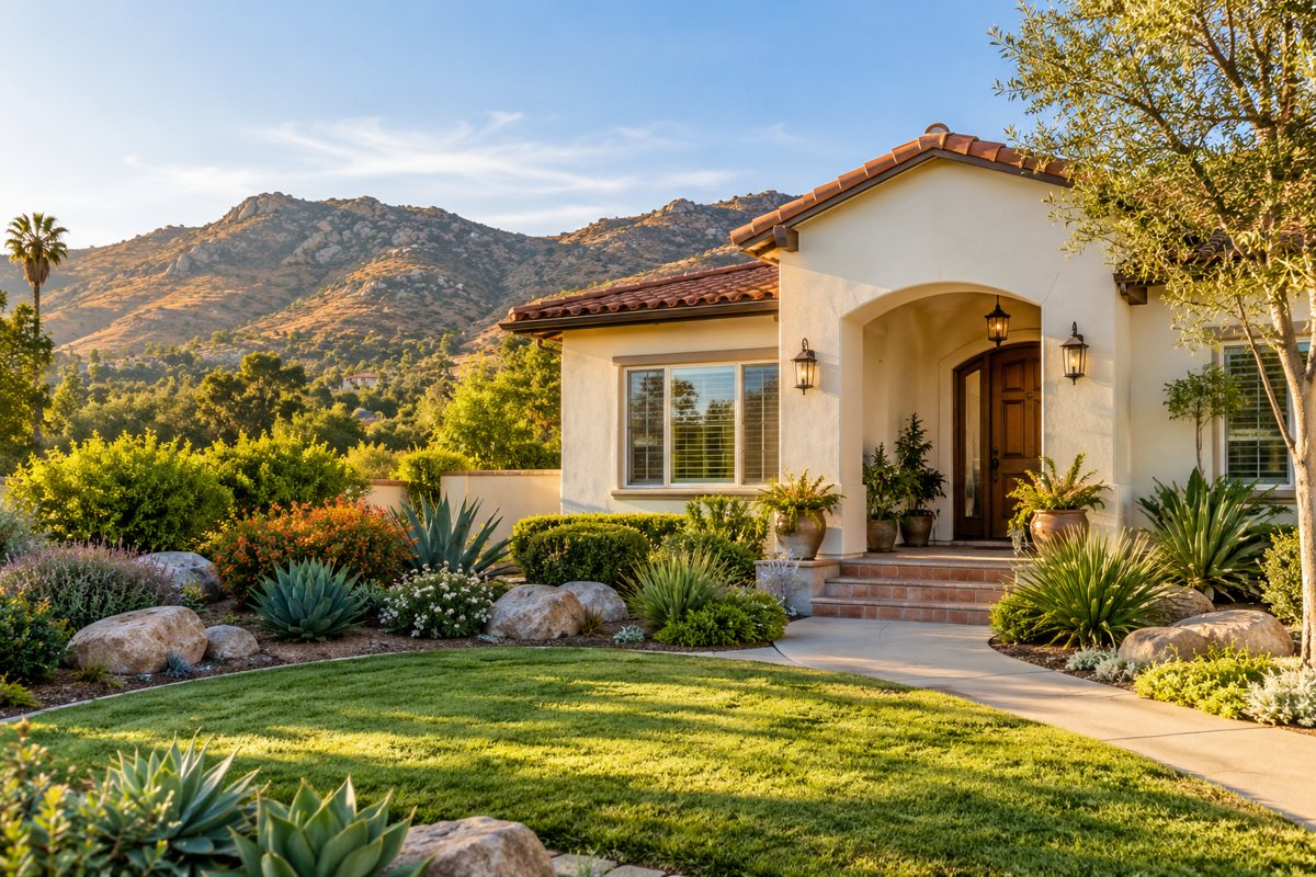 Illustrative Southern California stucco home and landscaped entrance