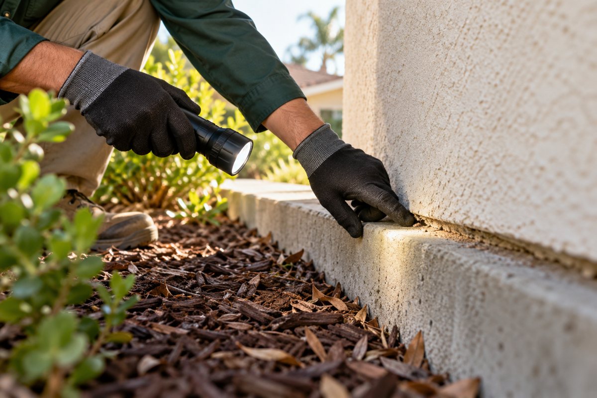 Illustrative gloved inspection of an exterior building joint